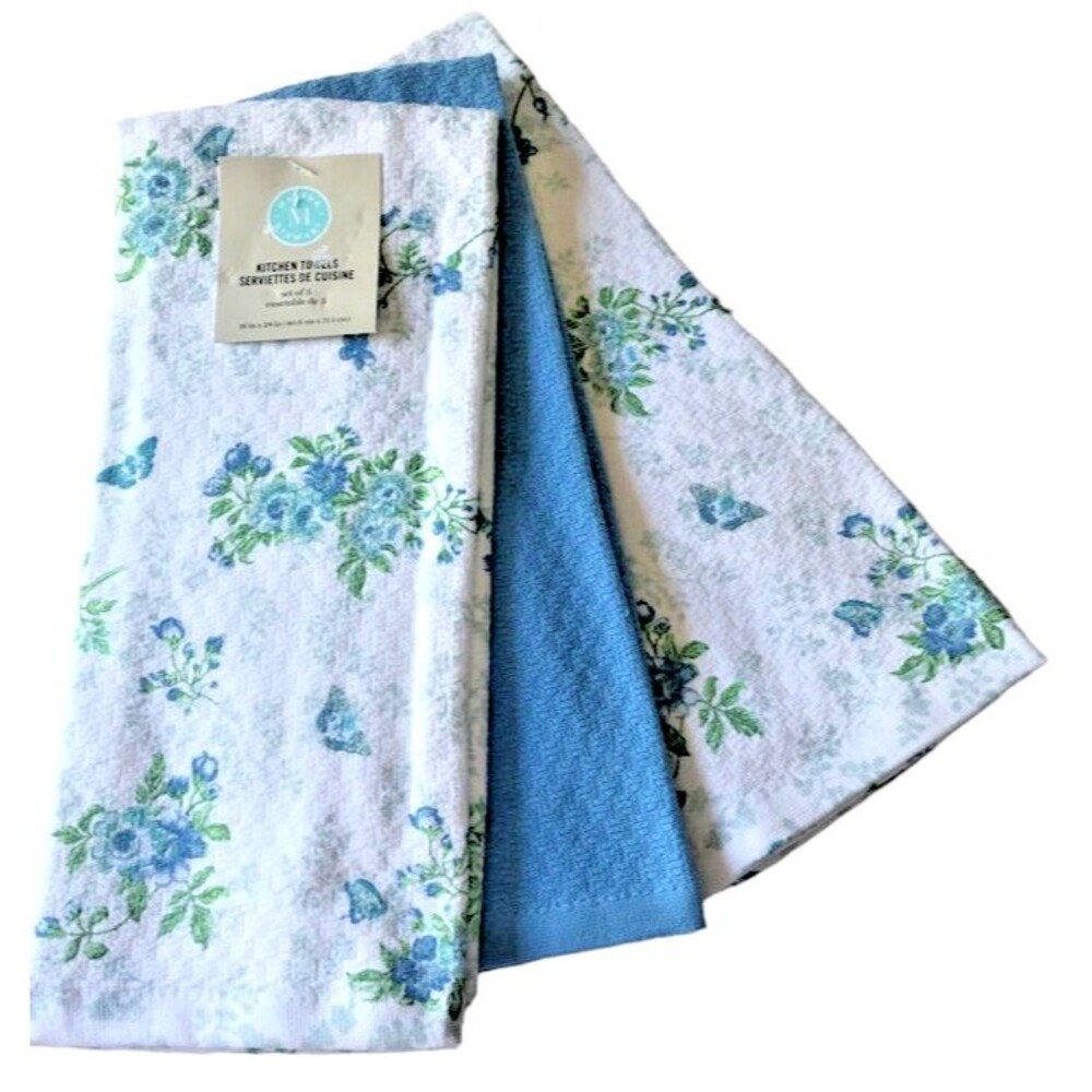 Martha Stewart Kitchen Dish Towels Floral Butterflies Print Blue Green Set Of 3